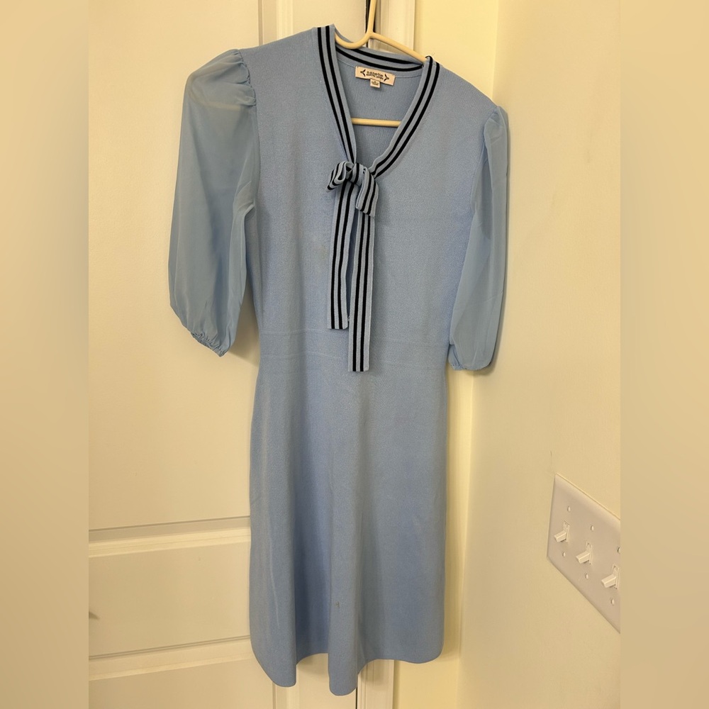 Nanette Lepore Powder Blue Tie-Neck Midi Dress with Stripe Detail